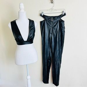 Black Faux Leather Wet Look Crop Top & Cut Out Side O Ring Zipper Pants Set